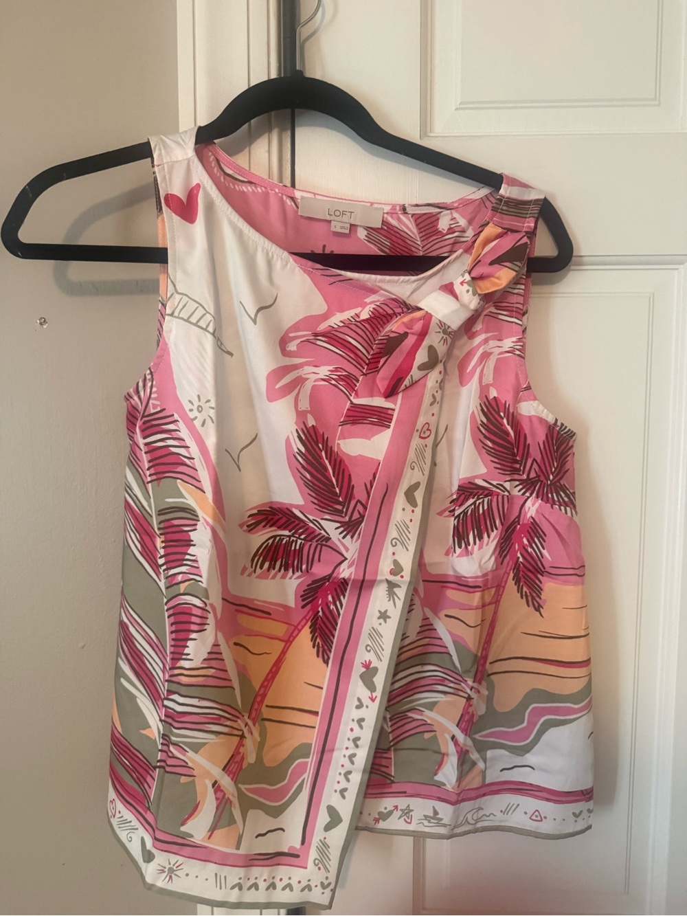 LOFT Pink Palm Print Sleeveless Knot-Front Top